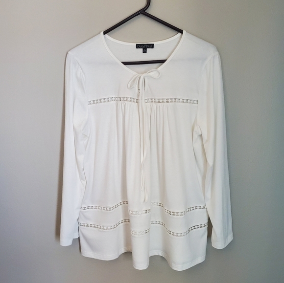 𝅺BAU//BAU Soft White Long Sleeve Shirt Lace Trim Size Large - Picture 1 of 5